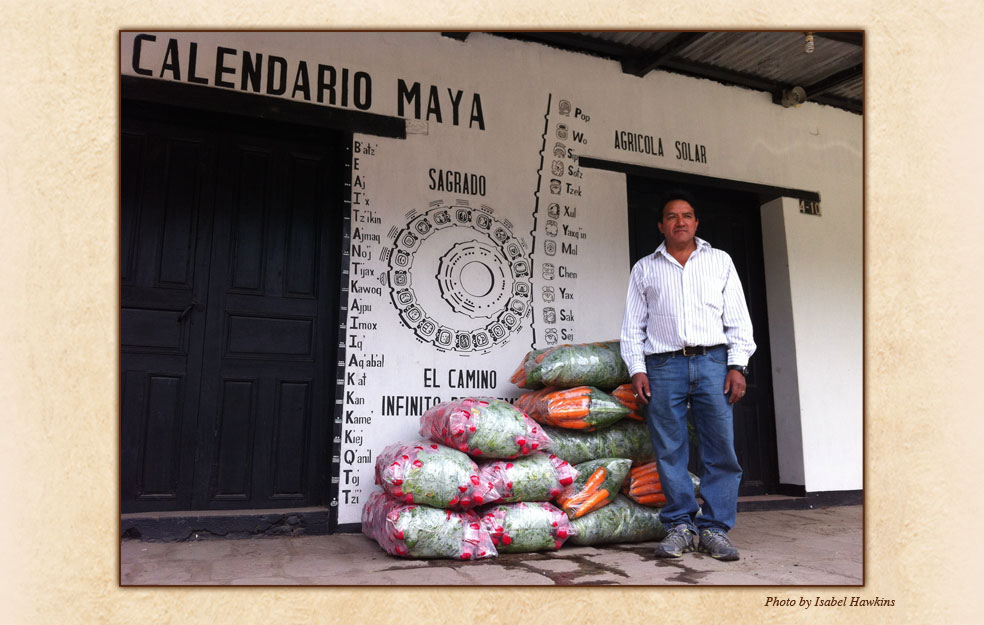 Photograph of a building with a Maya calendar diagram painted on the wall